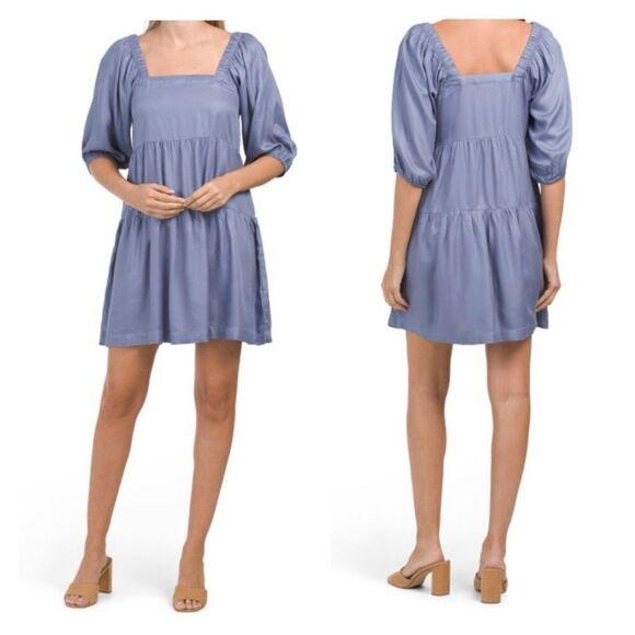NWT Beyond Words Womens Square Neck Puff Sleeves Tiered Mini Dress purple Medium - Picture 1 of 10
